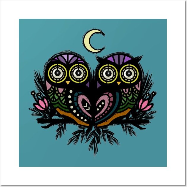 A Perfect Pair Of Midnight Moonlit Owls Wall Art by LittleBunnySunshine